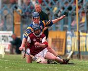 16 May 1999; Cathal Coen of Galway in action against Jonathan Guilfoyle of Tipperary during the All-Ireland Vocational Schools Intercounty Hurling Final match between Galway and Tipperary at Cusack Park in Ennis, Clare. Photo By Brendan Moran/Sportsfile