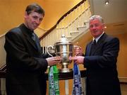 4 May 1999; Finn Harps manager Charlie McGeever, left, and Bray Wanderers manager Pat Devlin with the Harp Lager FAI Cup during the Harp Lager FAI Cup Final Luncheon at Ely Place in Dublin. Photo By Brendan Moran/Sportsfile