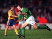 28 April 1999; Mark Kennedy of Republic of Ireland celebrates after scoring his sides scond goal during the International friendly match between Republic of Ireland and Sweden at Lansdowne Road in Dublin. Photo by David Maher/Sportsfile