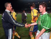 28 April 1999; Republic of Ireland manager Mick McCarthy congratulates Robbie Keane of Republic of Ireland following the International friendly match between Republic of Ireland and Sweden at Lansdowne Road in Dublin.Photo by David Maher/Sportsfile