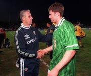 28 April 1999; Republic of Ireland manager Mick McCarthy congratulates Kevin Kilbane of Republic of Ireland following the International friendly match between Republic of Ireland and Sweden at Lansdowne Road in Dublin.Photo by David Maher/Sportsfile