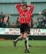 23 April 1995; Stuart Gauld of Derry City reacts after missing a penalty, which resulted in Derry City losing the Bord Gáis National League Premier Division to Dundalk, during the Bord Gáis National League Premier Division match between Athlone Town and Derry City ate St Mel's Park in Athlone, Westmeath. Photo by David Maher/Sportsfile