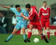 16 May 1995; Jason Sherlock of UCD, in action against Nigel Clough of Liverpool during a pre-season friendly match between UCD and Liverpool at Lansdowne Road in Dublin. Photo By Brendan Moran/Sportsfile