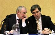 26 September 2005; Paddy McCaul, left, eircom League Chairman, with John Delaney, Chief Executive FAI, at a press conference where details of Genesis’ 'white paper' were outlined to stakeholders within the game. Genesis had been commissioned by the eircom League and the FAI to review the League and prepare the 'white paper' regarding the future strategic direction of the League in Ireland. Green Isle Hotel, Dublin. Picture credit: David Maher / SPORTSFILE