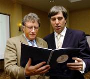 26 September 2005; Alistair Gray, left, Managing Director Genesis, with John Delaney, Chief Exective FAI, at a press conference where details of Genesis’ 'white paper' were outlined to stakeholders within the game. Genesis had been commissioned by the eircom League and the FAI to review the League and prepare the 'white paper' regarding the future strategic direction of the League in Ireland. Green Isle Hotel, Dublin. Picture credit: David Maher / SPORTSFILE