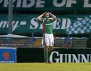 29 September 2005; A dejected Dan Murray, Cork City, holds his head after Slavia Prague had scored their first goal. UEFA Cup, First Round, Second Leg, Cork City v Slavia Prague, Turners Cross, Cork. Picture credit: David Maher / SPORTSFILE
