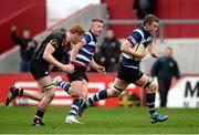 17 March 2014; Cormac Blake, Crescent College, gets away from Patrick Staff, Ard Scoil Ris, on his way to scoring his side's first try. SEAT Munster Schools Senior Cup Final, Ard Scoil Ris v Crescent College, Thomond Park, Limerick. Picture credit: Diarmuid Greene / SPORTSFILE