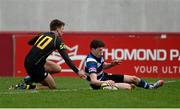 17 March 2014; Dylan Sheehan, Crescent College, scores his side's second try despite the efforts of David O'Mahony, Ardscoil Ris. SEAT Munster Schools Senior Cup Final, Ard Scoil Ris v Crescent College Comprehensive, Thomond Park, Limerick. Picture credit: Diarmuid Greene / SPORTSFILE