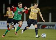 17 March 2014; Karl Sheppard, Shamrock Rovers, in action against Mark Clarke, Glentoran. Setanta Sports Cup Quarter-Final 2nd leg, Glentoran v Shamrock Rovers, The Oval, Belfast, Co. Antrim. Picture credit: Oliver McVeigh / SPORTSFILE