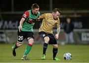 17 March 2014; Gary McCabe, Shamrock Rovers, in action against Jim O'Hanlon, Glentoran. Setanta Sports Cup Quarter-Final 2nd leg, Glentoran v Shamrock Rovers, The Oval, Belfast, Co. Antrim. Picture credit: Oliver McVeigh / SPORTSFILE