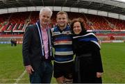 17 March 2014; Crescent College captain Cormac Blake celebrates with his parents John and Noelle after the game. SEAT Munster Schools Senior Cup Final, Ard Scoil Ris v Crescent College Comprehensive, Thomond Park, Limerick. Picture credit: Diarmuid Greene / SPORTSFILE