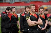 17 March 2014; Ardscoil Ris captain Stephen Fitzgerald and team-mates look on during the cup presentation to Crescent College. SEAT Munster Schools Senior Cup Final, Ard Scoil Ris v Crescent College Comprehensive, Thomond Park, Limerick. Picture credit: Diarmuid Greene / SPORTSFILE