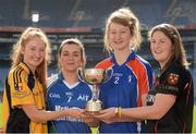 18 March 2014; The O’Connor Cup Finals weekend was launched today. Pictured at the launch are, from left, Aoife O'Reilly, NUI Maynooth, Grace Reilly, AIT, Fiona Morrissey, Mary Immaculate, Waterford, and Jackie Kinch, IT Carlow, with the Geraldine Giles Cup. The players will be captaining their colleges who will all be competing in the Ladies HEC competition which will act as the finale to the Queen’s GAA Festival in the Belfast College on the weekend of Friday March 21st and Saturday March 22nd. The final of the O’Connor Cup will be broadcast live on TG4 on Saturday, March 22nd at 3:30pm. Croke Park, Dublin. Picture credit: Pat Murphy / SPORTSFILE
