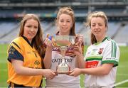 18 March 2014; The O’Connor Cup Finals weekend was launched today. Pictured at the launch are, from left, Leona Ryder, DCU, Sarah Tierney, UL, and Danielle Morgan, Queens University Belfast, with the O'Connor Cup. The players will be captaining their colleges who will all be competing in the Ladies HEC competition which will act as the finale to the Queen’s GAA Festival in the Belfast College on the weekend of Friday March 21st and Saturday March 22nd. The final of the O’Connor Cup will be broadcast live on TG4 on Saturday, March 22nd at 3:30pm. Croke Park, Dublin. Picture credit: Pat Murphy / SPORTSFILE