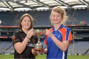 18 March 2014; The O’Connor Cup Finals weekend was launched today. Pictured at the launch are Jackie Kinch, IT Carlow, left, and Fiona Morrissey, Mary Immaculate, Waterford, with the Geraldine Giles Cup. The players will be captaining their colleges who will all be competing in the Ladies HEC competition which will act as the finale to the Queen’s GAA Festival in the Belfast College on the weekend of Friday March 21st and Saturday March 22nd. The final of the O’Connor Cup will be broadcast live on TG4 on Saturday, March 22nd at 3:30pm. Croke Park, Dublin. Picture credit: Pat Murphy / SPORTSFILE