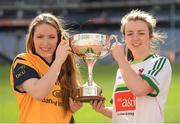 18 March 2014; The O’Connor Cup Finals weekend was launched today. Pictured at the launch are Leona Ryder, DCU, left, and Danielle Morgan, Queens University Belfast, with the O'Connor Cup. The players will be captaining their colleges who will all be competing in the Ladies HEC competition which will act as the finale to the Queen’s GAA Festival in the Belfast College on the weekend of Friday March 21st and Saturday March 22nd. The final of the O’Connor Cup will be broadcast live on TG4 on Saturday, March 22nd at 3:30pm. Croke Park, Dublin. Picture credit: Pat Murphy / SPORTSFILE