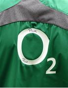15 March 2014; A detailed view of Peter O'Mahony's initials on his training top. RBS Six Nations Rugby Championship 2014, France v Ireland, Stade De France, Saint Denis, Paris, France. Picture credit: Stephen McCarthy / SPORTSFILE