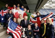 26 September 2005; An Taoiseach, Bertie Ahern, T.D. and Geraldine Giles, President Ladies Football Association with players including Renae Campbell, Australia, Sarah Callanan, Canada, Anne Murphy, Britain at the launch of the International Ladies Football Competition. Croke Park, Dublin. Picture credit; Ray McManus / SPORTSFILE