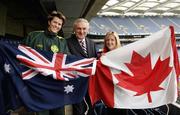 26 September 2005; An Taoiseach, Bertie Ahern, T.D. and Renae Campbell, Australia, and Sarah Callanan, Canada, at the launch of the International Ladies Football Competition. Croke Park, Dublin. Picture credit; Ray McManus / SPORTSFILE