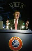 28 September 2005; Packie Bonner, FAI Technical Director, speaking during the 'Spirit of Ireland' at the 6th UEFA Symposium for Coach Education Directors. Berkley Court Hotel, Dublin. Picture credit; Brendan Moran / SPORTSFILE