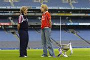 28 September 2005; Aoibheann Daly, Galway, and Juliet Murphy, Cork, at a photocall ahead of the TG4 Ladies All-Ireland Senior Football Final between Galway and Cork. Croke Park, Dublin. Picture credit; Matt Browne / SPORTSFILE