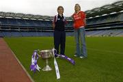 28 September 2005; Aoibheann Daly, Galway, and Juliet Murphy, Cork, at a photocall ahead of the TG4 Ladies All-Ireland Senior Football Final between Galway and Cork. Croke Park, Dublin. Picture credit; Matt Browne / SPORTSFILE