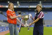 28 September 2005; Juliet Murphy, Cork, and Aoibheann Daly, Galway, at a photocall ahead of the TG4 Ladies All-Ireland Senior Football Final between Galway and Cork. Croke Park, Dublin. Picture credit; Matt Browne / SPORTSFILE