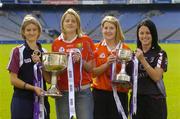 28 September 2005; Aoibheann Daly, Galway, and Juliet Murphy, Cork, with Bronagh O'Donnell, Armagh, and Caroline Currid, Sligo, at a photocall ahead of the TG4 Ladies All-Ireland Senior and Junior Football Finals. Croke Park, Dublin. Picture credit; Matt Browne / SPORTSFILE