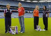 28 September 2005; Aoibheann Daly, Galway, and Juliet Murphy, Cork, with Bronagh O'Donnell, Armagh, and Caroline Currid, Sligo, at a photocall ahead of the TG4 Ladies All-Ireland Senior and Junior Football Finals. Croke Park, Dublin. Picture credit; Matt Browne / SPORTSFILE