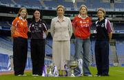 28 September 2005; Bronagh O'Donnell, Armagh, and Caroline Currid, Sligo, Geraldine Giles, President, Ladies Gaelic Football Association, Juliet Murphy, Cork and Aoibheann Daly, Galway, pictured at a photocall ahead of the TG4 Ladies All-Ireland Senior and Junior Football Finals. Croke Park, Dublin. Picture credit; Matt Browne / SPORTSFILE