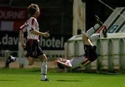 30 September 2005; Mark Farren, right, Derry City, celebrates after scoring his sides first goal with team-mate Pat McCourt. eircom league, Premier Division, Derry City v Shelbourne, Brandywell, Derry. Picture credit: David Maher / SPORTSFILE