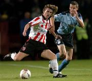 30 September 2005; Pat McCourt, Derry City, in action against Jim Crawford, Shelbourne. eircom league, Premier Division, Derry City v Shelbourne, Brandywell, Derry. Picture credit: David Maher / SPORTSFILE