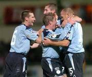30 September 2005; Glen Crowe, far right, Shelbourne, celebrates after scoring his sides first goal with team-mates left to right, Jim Crawford, Colin Hawkins and Richie Baker. eircom league, Premier Division, Derry City v Shelbourne, Brandywell, Derry. Picture credit: David Maher / SPORTSFILE