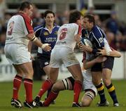 1 October 2005; Felipe Contepomi, Leinster, is tackled by Neil Best, (6) and Simon Best, Ulster. Celtic League 2005-2006, Group A, Leinster v Ulster, Donnybrook, Dublin. Picture credit: Damien Eagers / SPORTSFILE