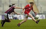 2 October 2005; Briege Corkery, Cork, in action against Rebecca McPhilbin, Galway. TG4 Ladies All-Ireland Senior Football Championship Final, Galway v Cork, Croke Park, Dublin. Picture credit: Brian Lawless / SPORTSFILE