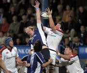 1 October 2005; Des Dillon, Leinster, goes up for a high ball with Justin Harrison, Ulster. Celtic League 2005-2006, Group A, Leinster v Ulster, Donnybrook, Dublin. Picture credit: Damien Eagers / SPORTSFILE
