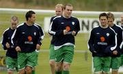 4 October 2005; Republic of Ireland players, from left, Stephen Elliott, Ian Harte, Richard Dunne, Robbie Keane, and Kevin Doyle in action during squad training. Malahide FC, Malahide, Dublin. Picture credit: Damien Eagers / SPORTSFILE