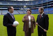 5 October 2005; Newly appointed National Co-ordinator of the Alcohol and Substance Abuse Initiative to tackle major Societal Issues, Brendan Murphy, left, with Tanaiste and Minister for Health and Children, Mary Harney, T.D., and Sean Kelly, President of the GAA, at the launch of a new joint initiative by the GAA and the Department of Health and Children aimed at reducing alcohol-related harm and changing attitudes towards alcohol consumption in Ireland. Croke Park, Dublin. Picture credit: Damien Eagers / SPORTSFILE