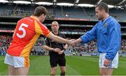 17 March 2014; Referee Eddie Kinsella with Castlebar Mitchels captain Donal Newcombe, left, and St Vincent's captain Ger Brennan. AIB GAA Football All-Ireland Senior Club Championship Final, Castlebar Mitchels, Mayo, v St Vincent's, Dublin. Croke Park, Dublin. Picture credit: Ramsey Cardy / SPORTSFILE