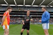 17 March 2014; Referee Eddie Kinsella with Castlebar Mitchels captain Donal Newcombe, left, and St Vincent's captain Ger Brennan. AIB GAA Football All-Ireland Senior Club Championship Final, Castlebar Mitchels, Mayo, v St Vincent's, Dublin. Croke Park, Dublin. Picture credit: Ramsey Cardy / SPORTSFILE