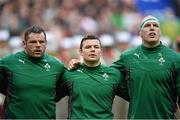 15 March 2014; Ireland players, from left, Mike Ross, Brian O'Driscoll and Paul O'Connell during the National Anthem. RBS Six Nations Rugby Championship 2014, France v Ireland, Stade De France, Saint Denis, Paris, France. Picture credit: Stephen McCarthy / SPORTSFILE