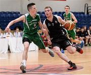 20 March 2014; Tom Kenny, Belvedere College, in action against Conor Quinn, St Malachy's Belfast. Basketball Ireland All-Ireland Schools U19 A Boys League Final, Belvedere College v St Malachy's Belfast, National Basketball Arena, Tallaght, Co. Dublin. Picture credit: Matt Browne / SPORTSFILE