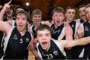 20 March 2014; Eoin Murchan, 23, Belvedere College celebrates with his team-mates after the final whistle. Basketball Ireland All-Ireland Schools U19 A Boys League Final, Belvedere College v St Malachy's Belfast, National Basketball Arena, Tallaght, Co. Dublin. Picture credit: Matt Browne / SPORTSFILE