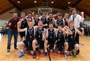 20 March 2014; Belvedere College players celebrate after winning the under-19 Boys final against St Malachy's Belfast. Basketball Ireland All-Ireland Schools U19 A Boys League Final, Belvedere College v St Malachy's Belfast, National Basketball Arena, Tallaght, Co. Dublin. Picture credit: Matt Browne / SPORTSFILE