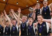 20 March 2014; Belvedere College players celebrate after winning the under-19 Boys final against St Malachy's Belfast. Basketball Ireland All-Ireland Schools U19 A Boys League Final, Belvedere College v St Malachy's Belfast, National Basketball Arena, Tallaght, Co. Dublin. Picture credit: Matt Browne / SPORTSFILE
