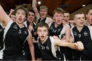 20 March 2014; Belvedere College players celebrate after the final whistle. Basketball Ireland All-Ireland Schools U19 A Boys League Final, Belvedere College v St Malachy's Belfast, National Basketball Arena, Tallaght, Co. Dublin. Picture credit: Matt Browne / SPORTSFILE