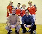 7 October 2005; World Handball Champions Kilkenny's DJ Carey and Cavan's Paul Brady with from left Siobhan Cahill, Conor Timoney, Brian O'Malley and Ciaran Cahill, St Brigid’s GAA Club, Dublin, at the announcement of a new Mini-Handball promotion which will see a pack of free handball equipment, games ideas and in-school coaching available for primary schools and juvenile sections in GAA Clubs throughout the country. Croke Park, Dublin. Picture credit: Damien Eagers / SPORTSFILE