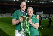 15 March 2014; Ireland captain paul O'Connell with kitman Paddy 'Rala' O'Reilly and the RBS Six Nations Trophy. RBS Six Nations Rugby Championship 2014, France v Ireland, Stade De France, Saint Denis, Paris, France. Picture credit: Matt Browne / SPORTSFILE