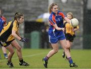 22 March 2014; Sarah Bohannon, Mary Immaculate College Limerick, in action against Karen Hegarty, NUI Maynooth. Giles Cup, Final, Mary Immaculate College Limerick v NUI Maynooth. Queen's University, Belfast, Co. Antrim. Picture credit: Oliver McVeigh / SPORTSFILE