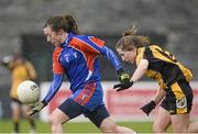 22 March 2014; Lara Marie Maher, Mary Immaculate College Limerick, in action against Karen Hegarty, NUI Maynooth. Giles Cup, Final, Mary Immaculate College Limerick v NUI Maynooth. Queen's University, Belfast, Co. Antrim. Picture credit: Oliver McVeigh / SPORTSFILE